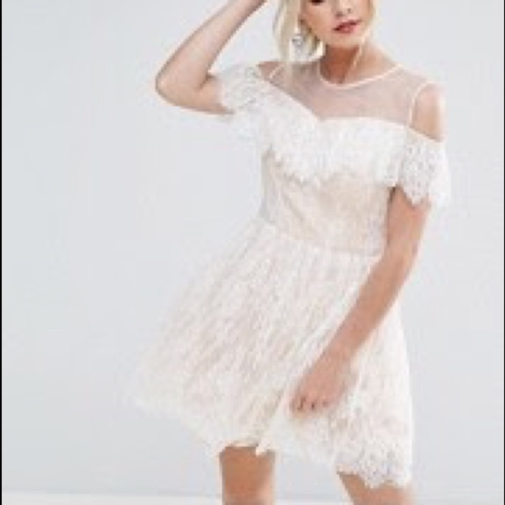 white lace cold shoulder mini dress